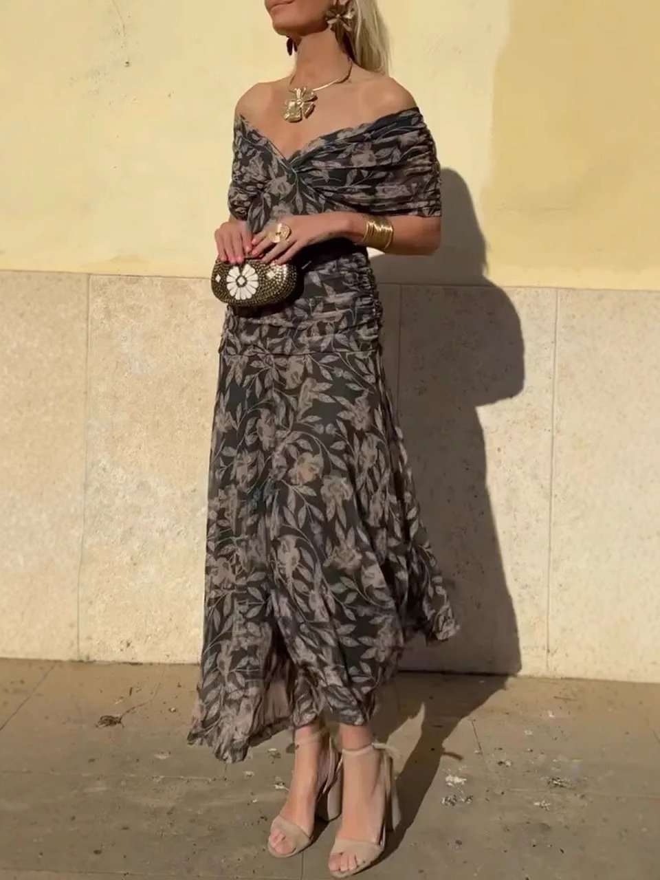 Serena™ | Garš Kleita Ziedu Rakstā Off-Shoulder