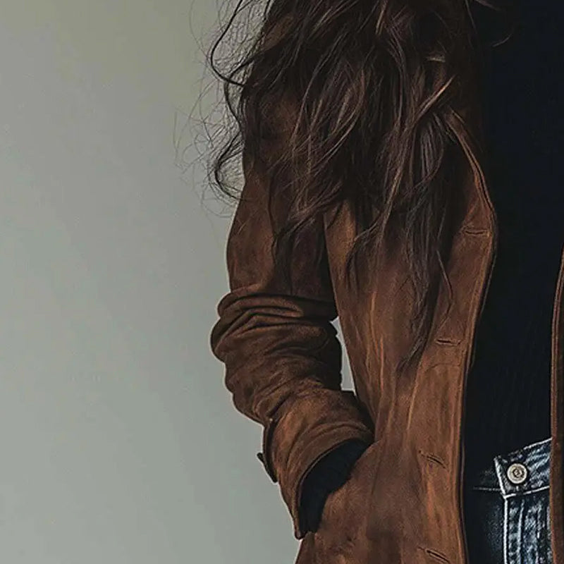 Irena | Długa Wegańska Kurtka z Efektem Zamszu