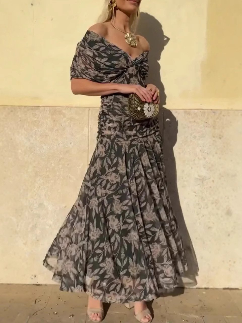 Serena™ | Garš Kleita Ziedu Rakstā Off-Shoulder