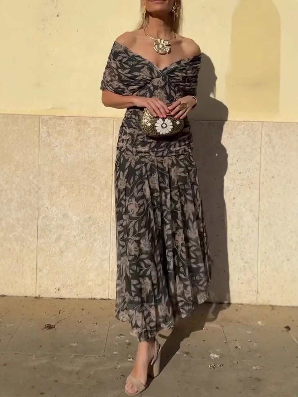 Serena™ | Garš Kleita Ziedu Rakstā Off-Shoulder